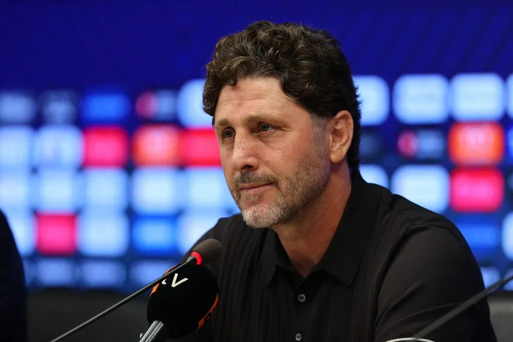 TRABZON, TURKIYE - AUGUST 20: Trabzonspor head coach Fatih Tekke speaks after the UEFA Europa League playoff round first-leg match between Trabzonspor and Ferencvaros at Papara Park in Trabzon, Turkiye on August 20, 2026. Hasan Tascan / Anadolu (Photo by Hasan Tascan / Anadolu via AFP)