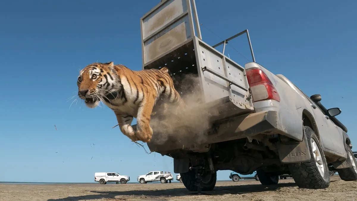KAZAKHSTAN, ALMATY REGION - AUGUST 3, 2026: The Amur Tiger Centre releases an adult female Siberian tiger named Ymit into the Ile-Balkhash State Nature Reserve as part of a joint programme with Russia to repopulate the area with tigers, a species declared extinct in these parts decades ago., fotó