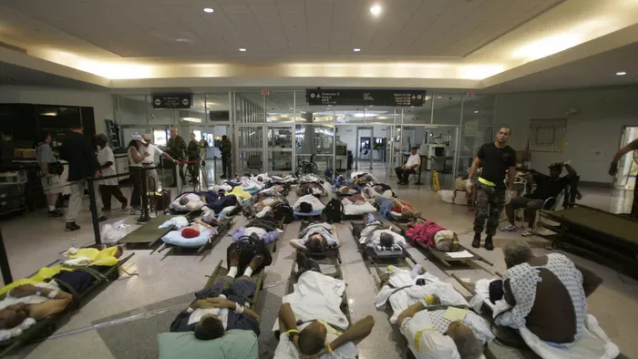 Katrina hurrikán, Katrinahurrikán, New Orleans, 2005, Katrina hurrikán 2005,
Refugees wait to be evacuated at the New Orleans International airport, in New Orleans, Louisiana, 03 September, 2005. The airport has become the main location to gather all vict