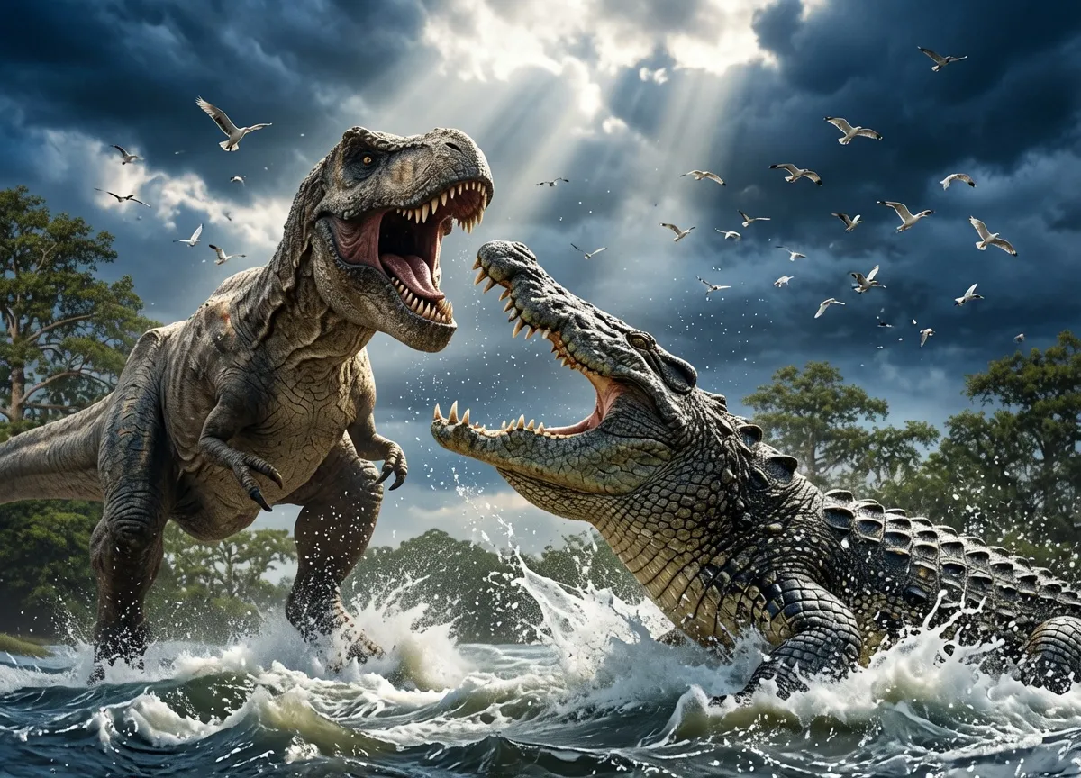 Deinosuchus óriáskrokodil dinoszaurusszal küzd a késő kréta időszakban – illusztráció