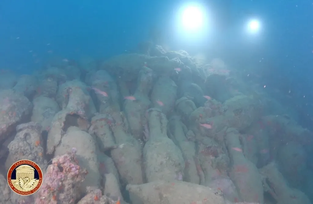 This handout photograph released by the Italian Carabinieri press office on August 9, 2026 shows amphorae at the site where a Roman-era shipwreck dating back to between the 2nd and 1st centuries B.C. was discovered off the coast of Sicily near Mazara del Vallo. Italian divers have discovered the 2,100-year-old wreck of a Roman ship off Sicily, piled high with hundreds of well-preserved amphorae, which were likely used to transport wine. Divers from the cultural heritage protection arm of Palermo's police said they had located the ship some 46 metres (150 feet) down, after a tip-off from fishermen. (Photo by Handout / ITALIAN CARABINIERI PRESS OFFICE / AFP) / RESTRICTED TO EDITORIAL USE - MANDATORY CREDIT "AFP PHOTO / ITALIAN CARABINIERI" - NO MARKETING NO ADVERTISING CAMPAIGNS - DISTRIBUTED AS A SERVICE TO CLIENTS