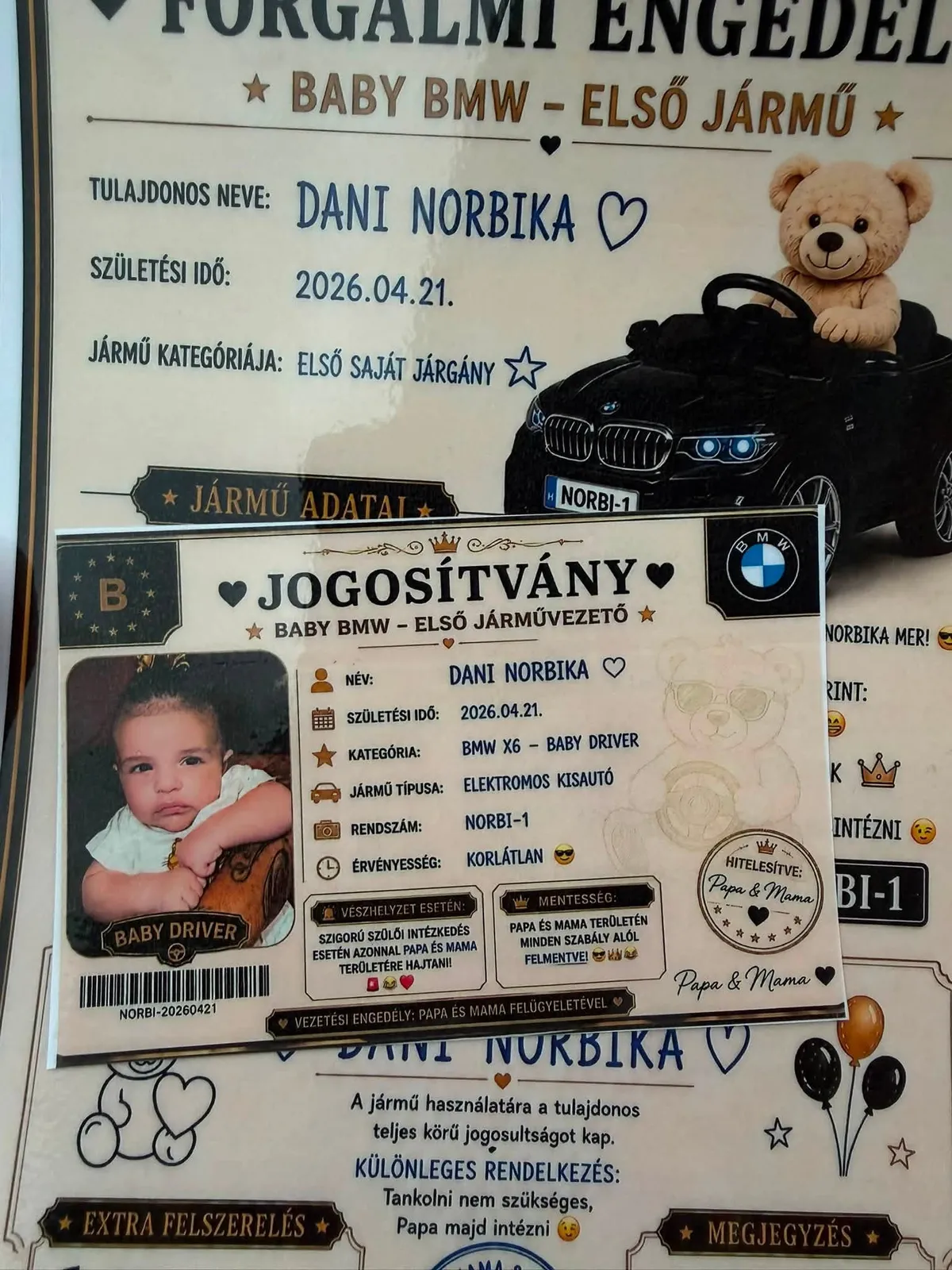 Gáspár Tina kisfia még egy kis jogosítványt is kapott az autó mellé.