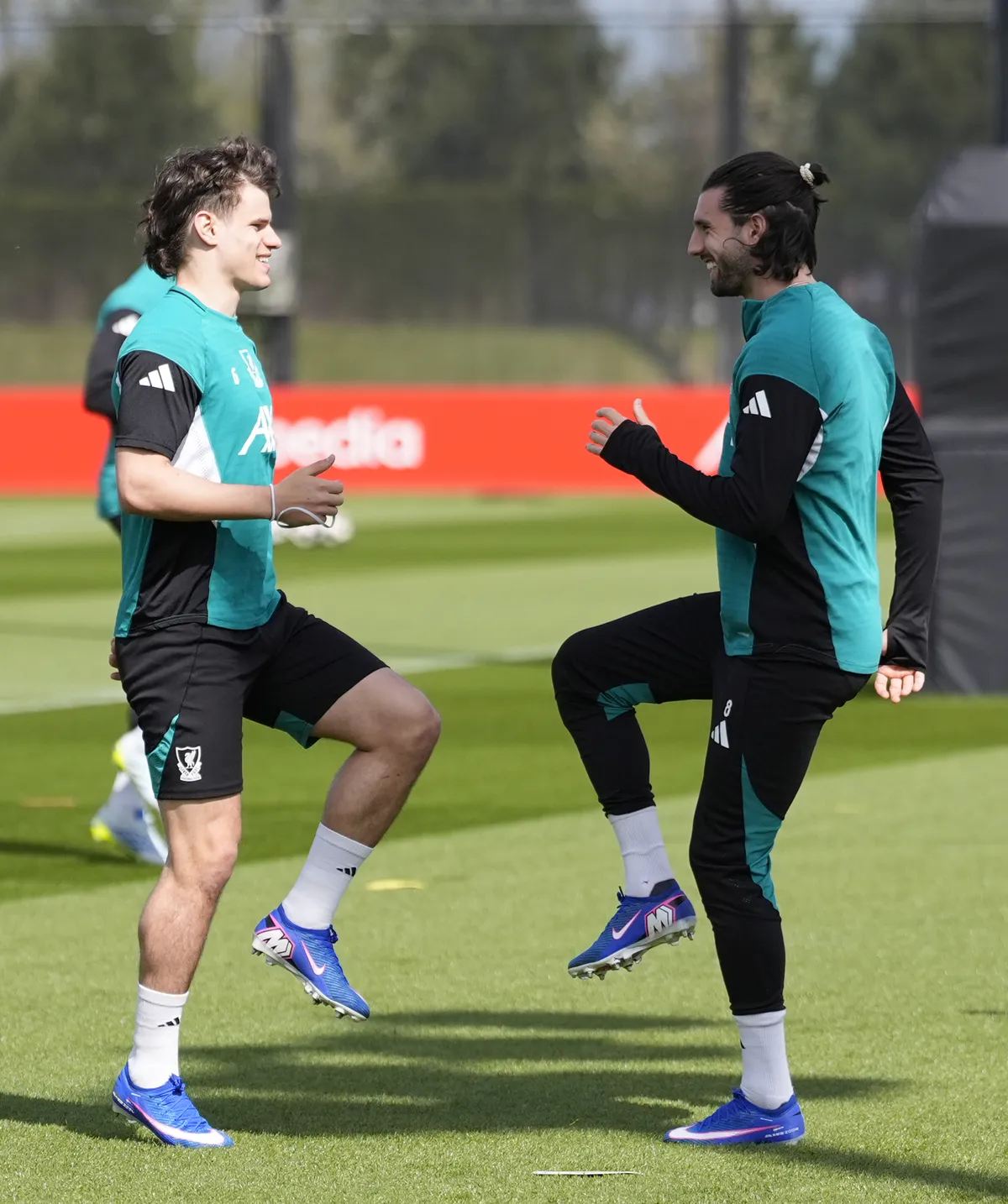 Liverpool's Milos Kerkez (left) and Dominik Szoboszlai during a training session at the AXA Training Centre, Liverpool. Picture date: Monday April 13, 2026.