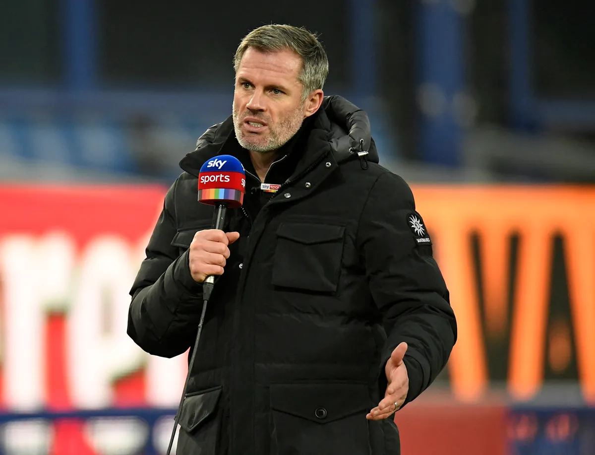 Former player and television pundit Jamie Carragher works pitchside ahead of the English Premier League football match between Everton and Leeds United at Goodison Park in Liverpool, north west England on November 28, 2020. (Photo by PETER POWELL / POOL / AFP) / RESTRICTED TO EDITORIAL USE. No use with unauthorized audio, video, data, fixture lists, club/league logos or 'live' services. Online in-match use limited to 120 images. An additional 40 images may be used in extra time. No video emulation. Social media in-match use limited to 120 images. An additional 40 images may be used in extra time. No use in betting publications, games or single club/league/player publications. /
