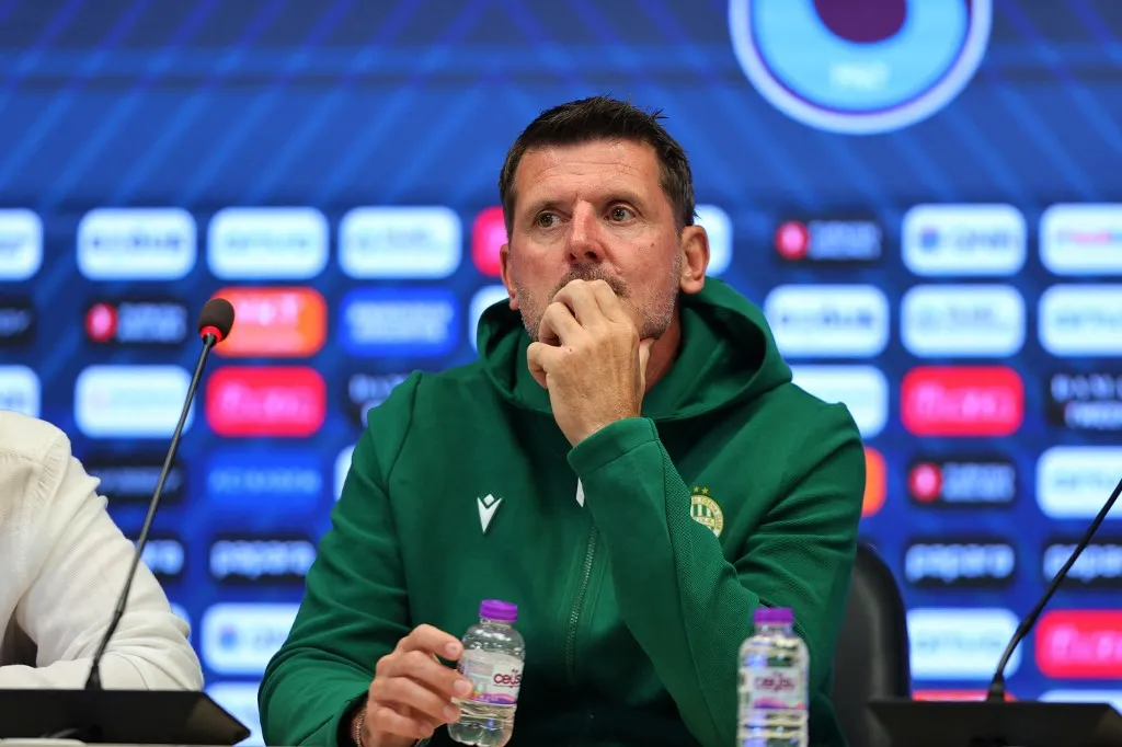 TRABZON, TURKIYE - AUGUST 19: Ferencvaros head coach Balazs Borbely speaks during a press conference at Papara Park ahead of the UEFA Europa League play-off round first-leg match against Trabzonspor in Trabzon, Turkiye on August 19, 2026. Hasan Tascan / Anadolu (Photo by Hasan Tascan / Anadolu via AFP)