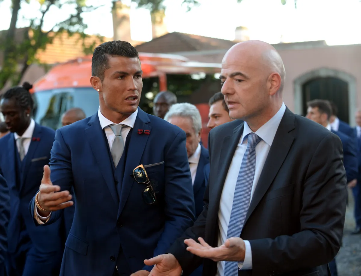 (160608) -- LISBON, June 8, 2016 (Xinhua) -- FIFA President Gianni Infantino (R) talks to Portugal's Cristiano Ronaldo during a ceremony prior to Portugal national team's departure for EURO 2016, in Lisbon, on June 7, 2016. (Xinhua/Zhang Liyun)
Xinhua News Agency / eyevine
Contact eyevine for more information about using this image:
T: +44 (0) 20 8709 8709
E: info@eyevine.com
http://www.eyevine.com
June , 2016
