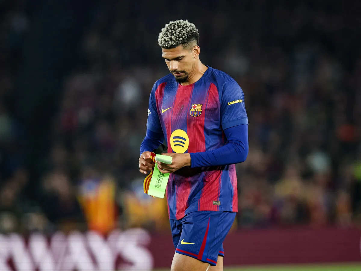 Ronald Araujo of FC Barcelona during the UEFA Champions League quarter-final first leg match between FC Barcelona and Atletico de Madrid at Spotify Camp Nou Stadium in Barcelona, Spain, on April 8, 2026. (Photo by Gongora/NurPhoto) (Photo by Gongora / NurPhoto via AFP)