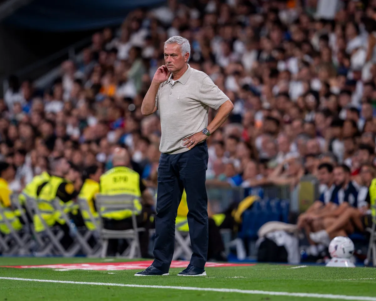 José Mourinho, head coach of Real Madrid CF, is seen during the LaLiga EA Sports football match between Real Madrid CF and Real Sociedad at Estadio Bernabeu in Madrid, Spain, on August 26, 2026. (Photo by Alberto Gardin/NurPhoto) (Photo by Alberto Gardin / NurPhoto via AFP)