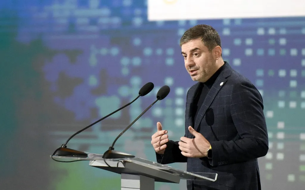 Dmytro Lubinets, the Ukrainian Parliament Commissioner for Human Rights, is delivering a speech at the Freedom or Fear International Human Rights Conference, which is dedicated to the 75th anniversary of the adoption of the Universal Declaration of Human Rights, in Kyiv, Ukraine, on December 7, 2023. (Photo by Ukrinform/NurPhoto) (Photo by Kaniuka Ruslan / NurPhoto via AFP)