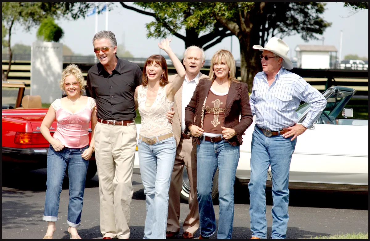 The original cast of "Dallas" including from left to right, Charlene Tilton, Patrick Duffy, Victoria Principal, Ken Kercheval, Linda Gray, and Steve Kanaly, reunite at the Southfork ranch to celebrate the long-running hit series in the 'DALLAS REUNION: RETURN TO SOUTHFORK'