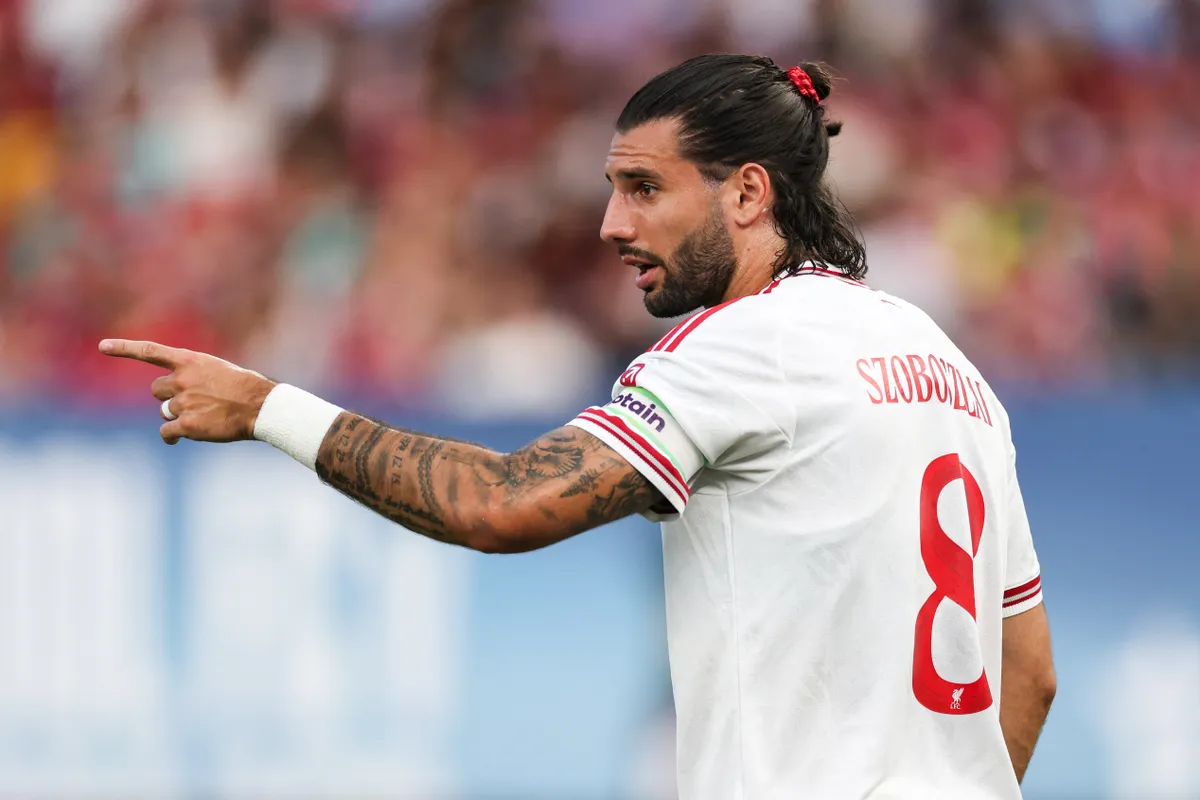 NEW YORK, NEW YORK - JULY 29: Dominik Szoboszlai #8 of Liverpool FC gestures during the first half of the pre-season friendly against Wrexham AFC at Yankee Stadium on July 29, 2026 in New York City.   Dustin Satloff/Getty Images/AFP (Photo by Dustin Satloff / GETTY IMAGES NORTH AMERICA / Getty Images via AFP)