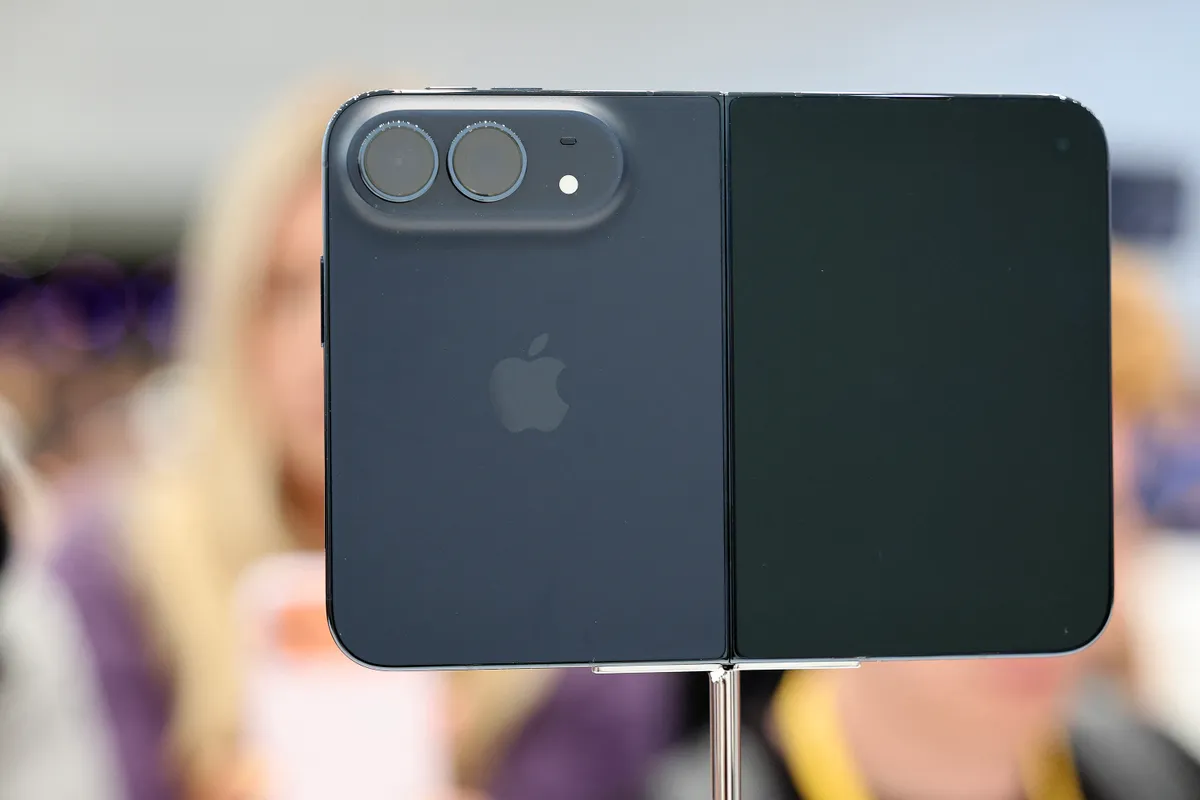 CUPERTINO, CALIFORNIA - SEPTEMBER 09: Apple’s new iPhone Duo is on display during the “Surprise and Shine” event at the company's corporate headquarters, Apple Park, on September 9, 2026 in Cupertino, California. The event featured Apple product announcements and was Apple CEO John Ternus’s first keynote address in his new role. Benjamin Fanjoy/Getty Images/AFP (Photo by Benjamin Fanjoy / GETTY IMAGES NORTH AMERICA / Getty Images via AFP)