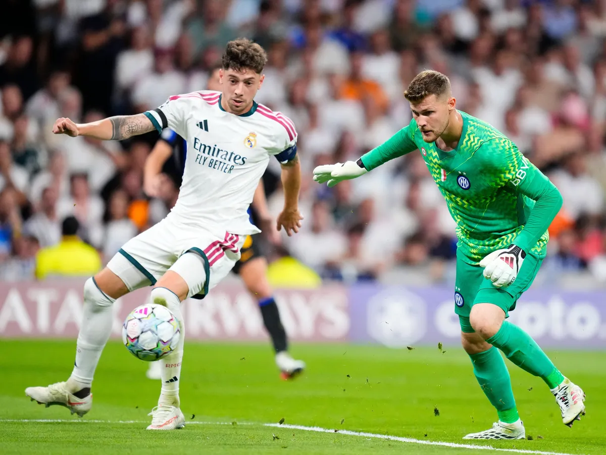Federico Valverde central midfield of Real Madrid and Uruguay shooting to goal and score his first goal during the UEFA Champions League 2026/27 League Phase MD1 match between Real Madrid C.F. and FC Internazionale Milano at Estadio Santiago Bernabeu on September 8, 2026 in Madrid, Spain. (Photo by Jose Breton/Pics Action/NurPhoto) (Photo by Jose Breton / NurPhoto via AFP)