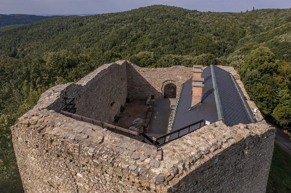 Aerial view of ruined Gothic medieval Marevar castle near Magyaregregy in the Mecsek montains near Pecs Hungary destroyed in the Hungarian Turkish wars