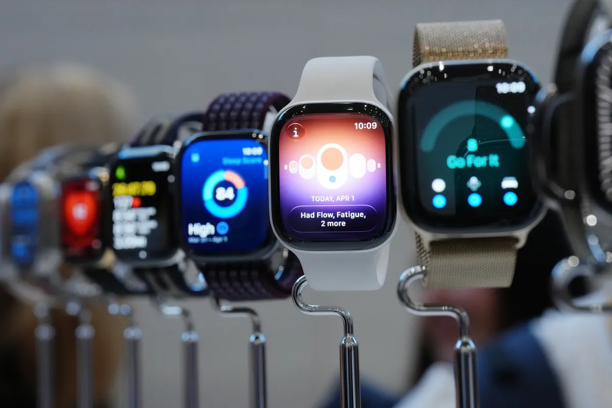 A ceramic Apple Watch Series 12, center, during a product unveiling event at Apple Park in Cupertino, California, US, on Wednesday, Sept. 9, 2026. Apple Inc. unveiled the company's first foldable smartphone during a wide-ranging event Wednesday, betting that a new category can energize growth for its biggest-selling lineup. Photographer: David Paul Morris/Bloomberg via Getty Images