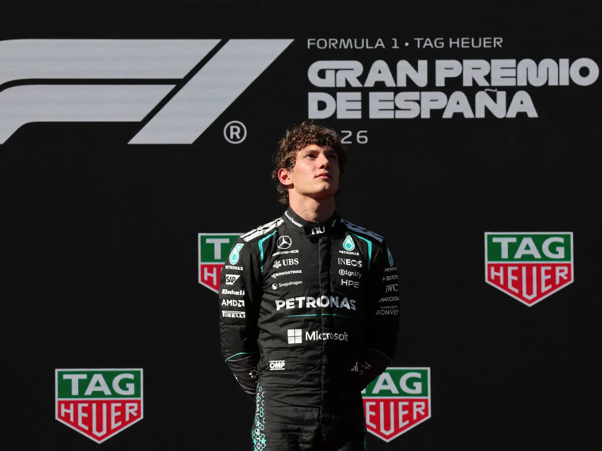 Mercedes' Italian driver Kimi Antonelli celebrates on the podium after the Spanish Formula One Grand Prix at the Madring circuit on September 13, 2026 in Madrid. (Photo by Thomas COEX / AFP)