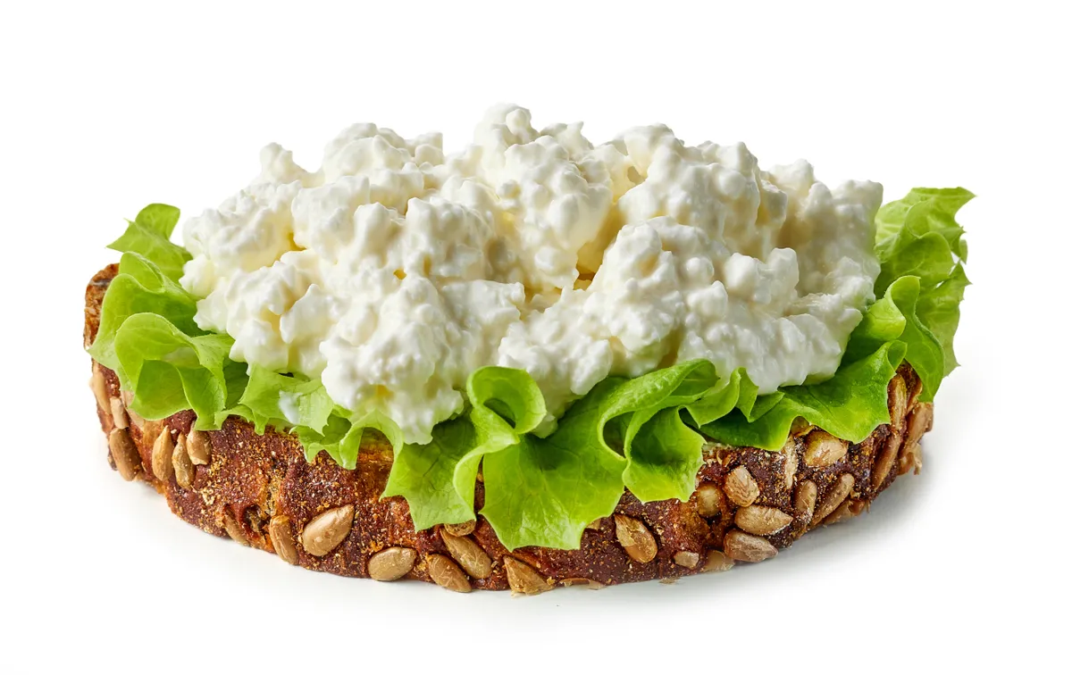 Cottage cheese teljes kiőrlésű kenyéren salátalevéllel. 
