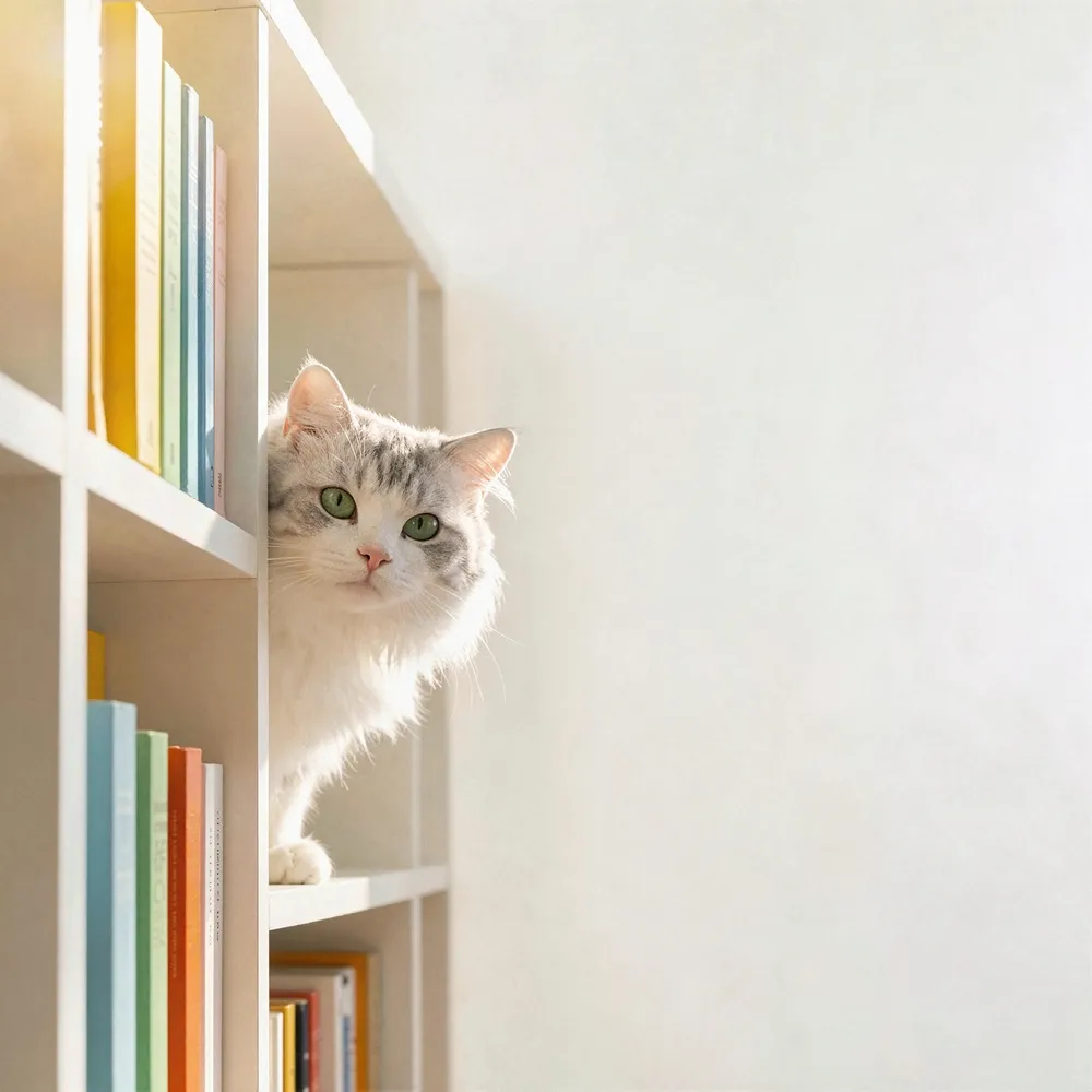 A fluffy white and grey cat with striking green eyes peeks curiously from behind a white bookshelf filled with colorful books.