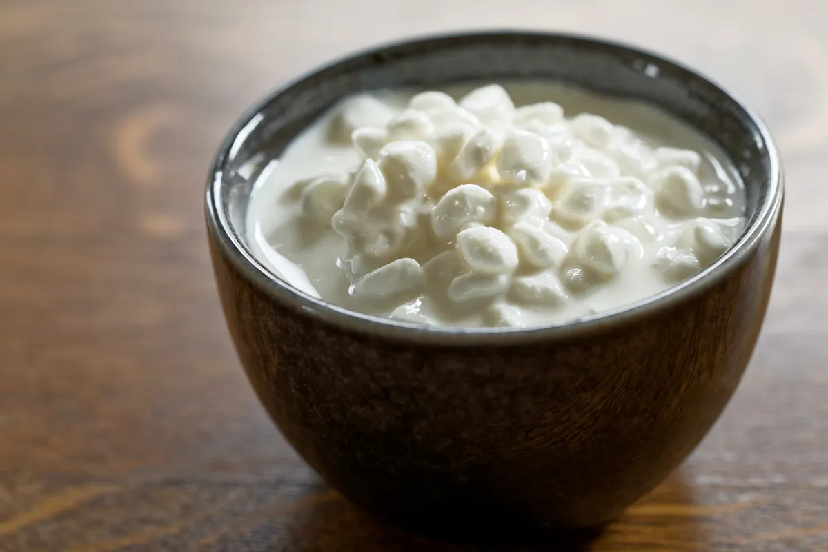 friss cottage cheese egy barna mély tálkában.