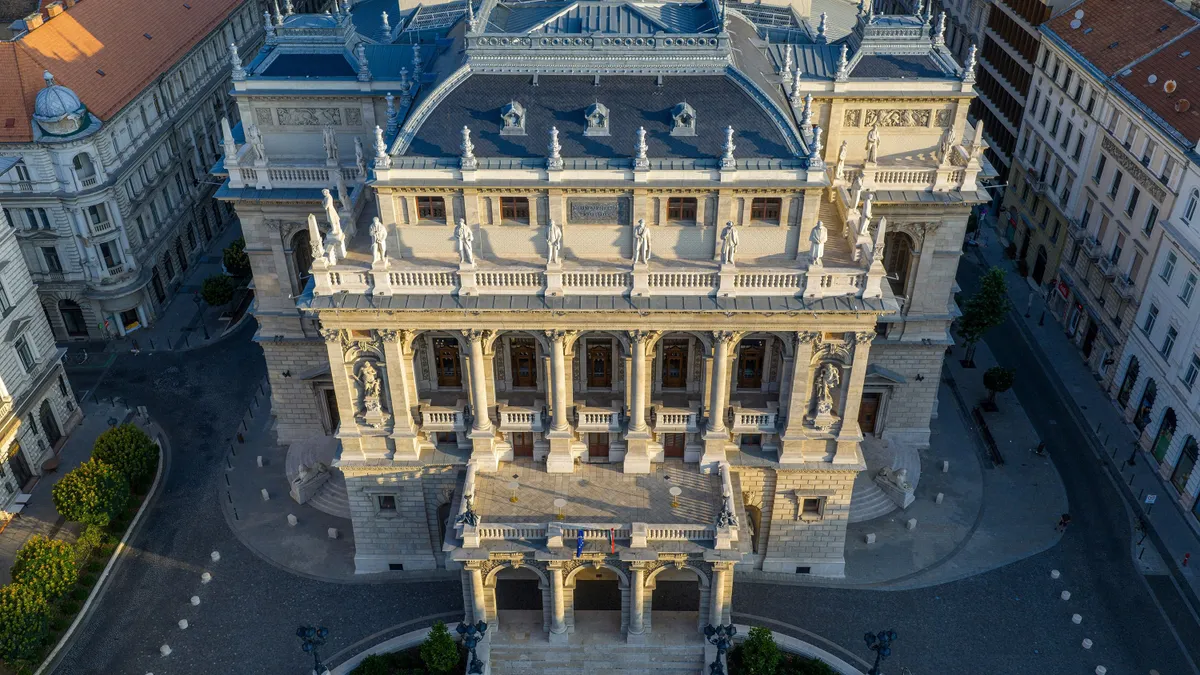Operaház, The Hungarian Royal State Opera House in Budapest. Aerial view about the opera house of Hungary.