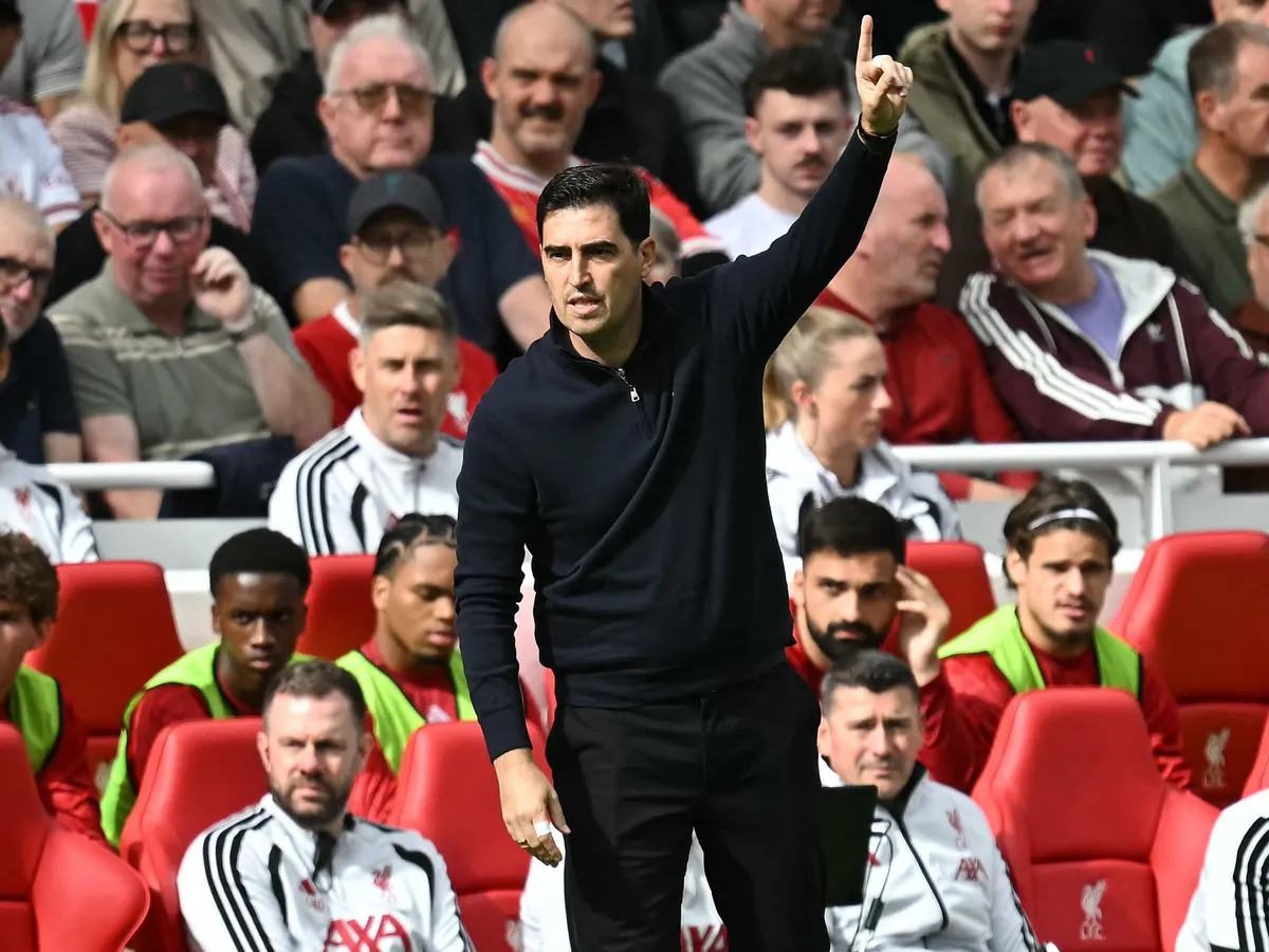 Liverpool's Spanish head coach Andoni Iraola reacts during the English Premier League football match between Liverpool and Fulham at Anfield in Liverpool, north west England on September 12, 2026. (Photo by Paul ELLIS / AFP) / RESTRICTED TO EDITORIAL USE. No use with unauthorized audio, video, data, fixture lists, club/league logos or 'live' services. Online in-match use limited to 120 images. An additional 40 images may be used in extra time. No video emulation. Social media in-match use limited to 120 images. An additional 40 images may be used in extra time. No use in betting publications, games or single club/league/player publications. / 