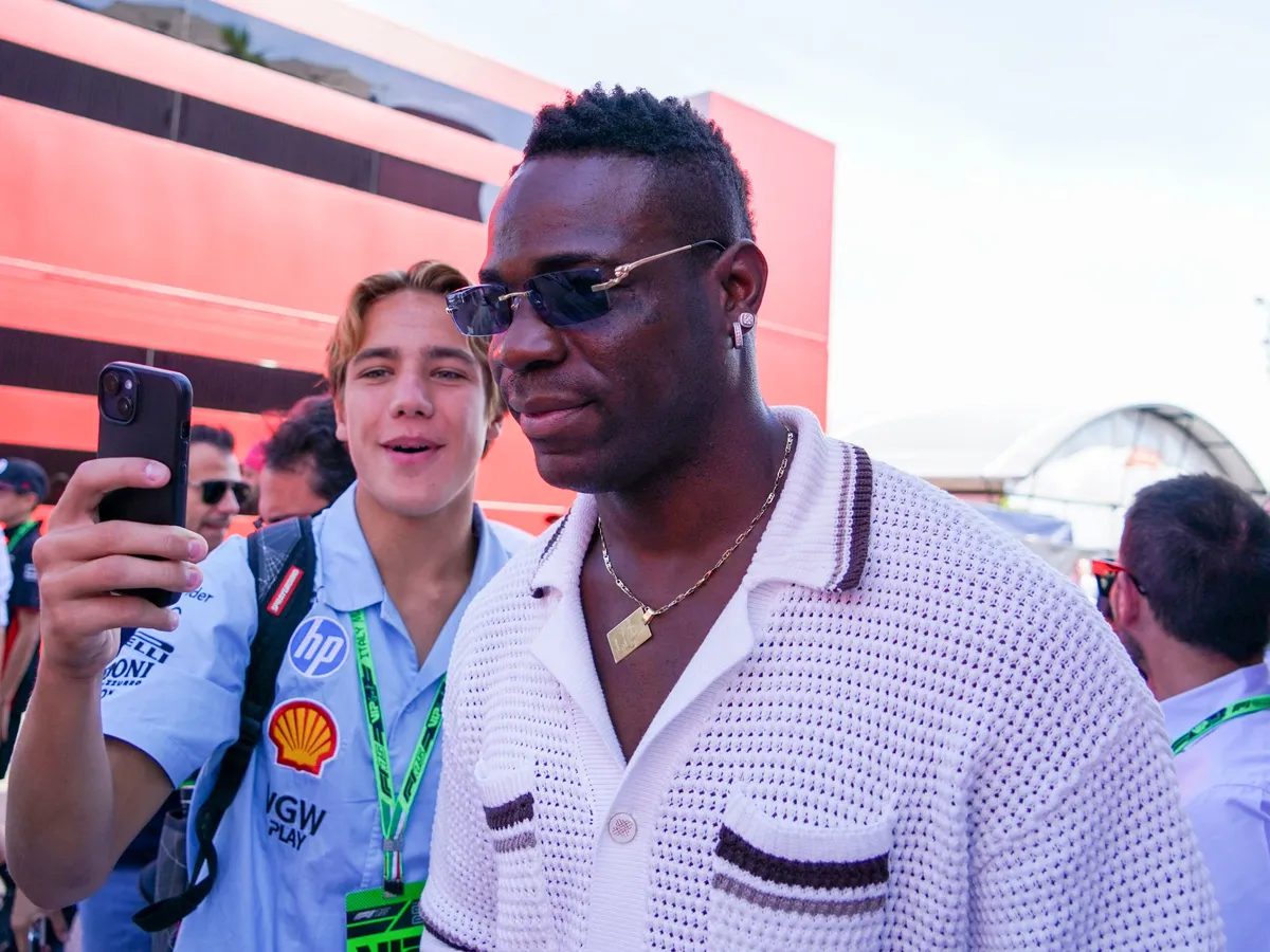 Mario Balotelli, a football player, participates in the free practice of the Formula 1 Pirelli Gran Premio d'Italia 2025 in Monza, Italy, on September 7, 2025. (Photo by Alessio Morgese/NurPhoto) (Photo by Alessio Morgese / NurPhoto via AFP)