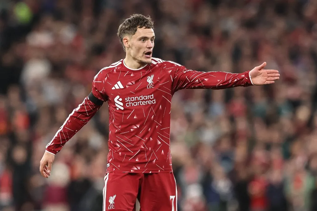 Florian Wirtz of Liverpool reacts during the UEFA Champions League Matchday 1 of 8 match between Liverpool and Atletico Madrid at Anfield in Liverpool, United Kingdom, on September 9, 2026. (Photo by Alfie Cosgrove/News Images/NurPhoto) (Photo by News Images / NurPhoto via AFP)