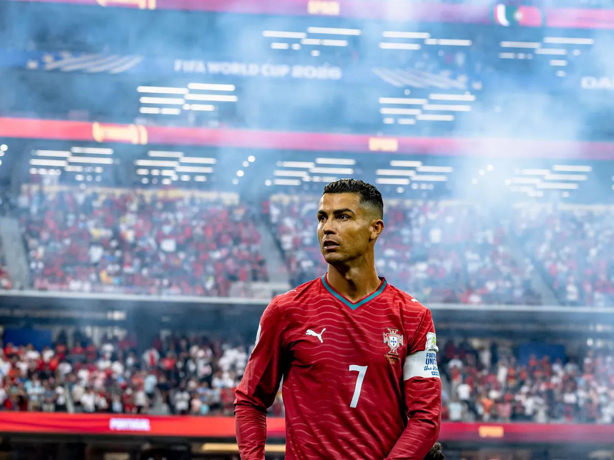 Cristiano Ronaldo of Portugal during the 2026 World Cup match between Portugal and Spain at Dallas Stadium on July 6, 2026, in Dallas, United States. (Photo by Stefan Koops/EYE4IMAGES/NurPhoto) (Photo by Stefan Koops / NurPhoto via AFP)