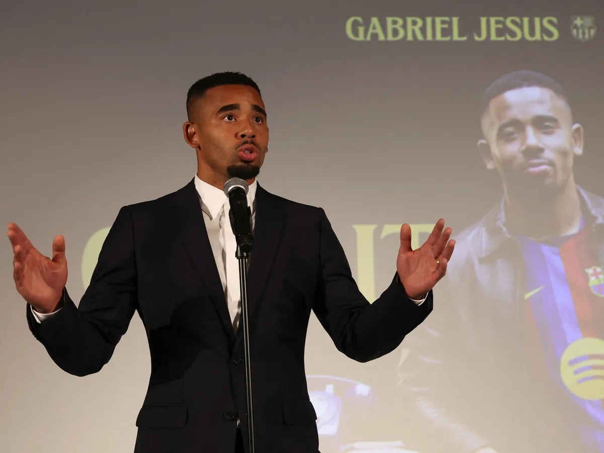 Brazilian forward Gabriel Jesus talks during his official presentation as FC Barcelona's new football player on September 1, 2026 in Barcelona. Barcelona signed Brazilian forward Gabriel Jesus from Arsenal on a deal until 2029. (Photo by Lluis GENE / AFP)