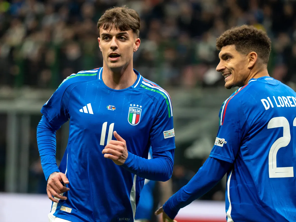 Daniel Maldini (Italy) participates in the UEFA Nations League, Quarter-finals, 1st leg football match between Italy and Germany in Milan, Italy, on March 20, 2025, at Giuseppe Meazza stadium. (Photo by Luca Rossini/NurPhoto) (Photo by Luca Rossini / NurPhoto via AFP)