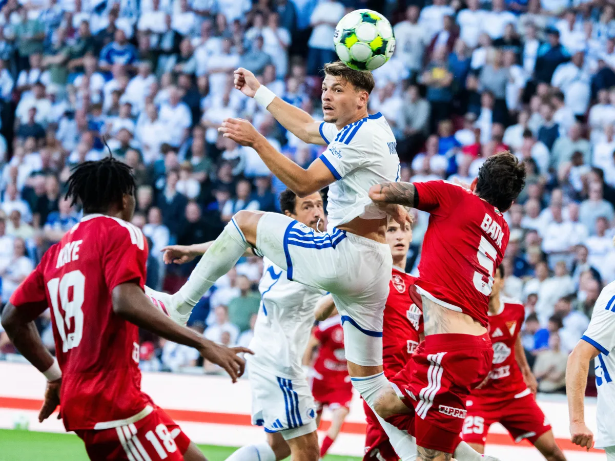 Ákos Markgráf, FC Copenhagen and Bence Batik, Debrecen during the match where FC Copenhagen meets Debrecen in the UEFA Conference League 3rd qualifying round 2nd match at Parken, Copenhagen, Wednesday, August 12, 2026 (Photo: Martin Sylvest/Ritzau Scanpix 2026) (Photo by MARTIN SYLVEST / Ritzau Scanpix via AFP)