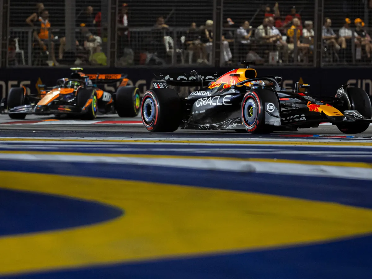 Max Verstappen of the Netherlands and Oracle Red Bull Racing driver participates during the race day at the Formula 1 Singapore Airlines Singapore Grand Prix in Marina Bay Street Circuit, Singapore, on October 5, 2025. (Photo by Robert Szaniszlo/NurPhoto) (Photo by Robert Szaniszlo / NurPhoto via AFP)