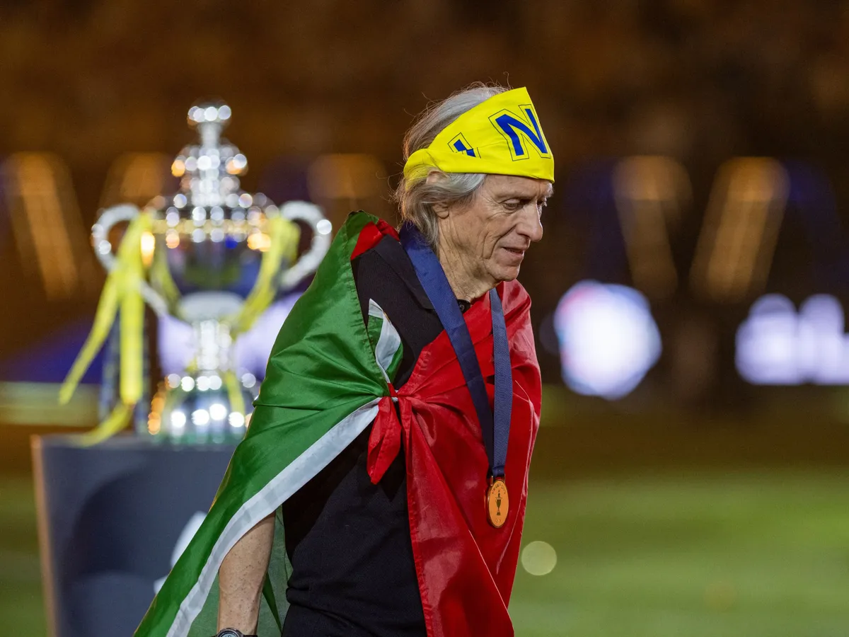 RIYADH, SAUDI ARABIA - MAY 21: Al Nassr’s head coach Jorge Jesus celebrates the championship after defeating Damac 4-1 in the Saudi Pro League at King Saud University Stadium in Riyadh, Saudi Arabia, on May 21, 2026. Mohammed Saad / Anadolu (Photo by Mohammed Saad / Anadolu via AFP)