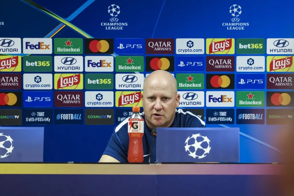 AEK Athens head coach Marko Nikolic speaks during a press conference at AEK Arena in Athens, Greece on September 7, 2026. The press conference was held ahead of AEK Athens UEFA Champions League match against LASK. (Photo by Daniel Yovkov / Hans Lucas via AFP)
