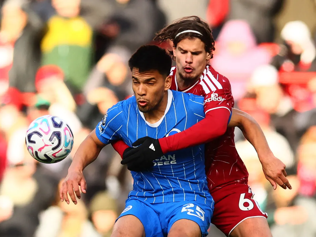 Brighton's Paraguayan midfielder #25 Diego Gomez (L) vies with Liverpool's Hungarian defender #06 Milos Kerkez (R) during the English Premier League football match between Liverpool and Brighton and Hove Albion at Anfield in Liverpool, north west England on October 25, 2026. (Photo by Paul Currie / AFP) / RESTRICTED TO EDITORIAL USE. No use with unauthorized audio, video, data, fixture lists, club/league logos or 'live' services. Online in-match use limited to 120 images. An additional 40 images may be used in extra time. No video emulation. Social media in-match use limited to 120 images. An additional 40 images may be used in extra time. No use in betting publications, games or single club/league/player publications. /